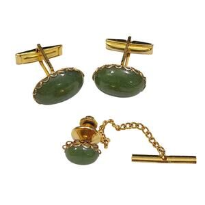 Jade Cufflinks and Tie Tack Gold Tone Oval Cabochon Handmade By Gordon Vintage